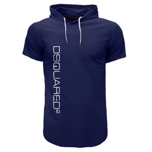 تیشرت کلاه دار مردانه آستین کوتاه سرمه ای طرح ساده نخی