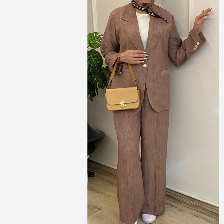 کت و شلوار زنانه شانتون گازوئیلی قهوه ای موکا آستر دوزی شده سایز 38 تا 42