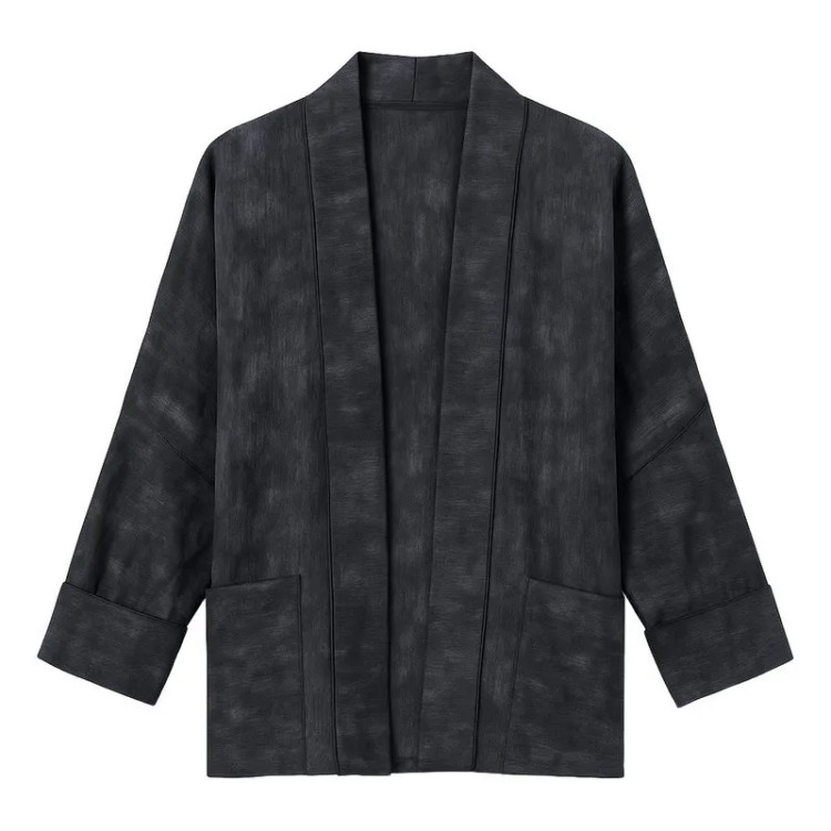 مانتو زنانه شیک یقه برگردان مدل کیمانو جلو باز طرح ابر و بادی جنس شانتون فری سایز