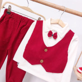 ست لباس پسرانه یلدایی طرح جلیقه و پاپیون مخمل کبریتی قرمز | لباس نوزادی و کودک