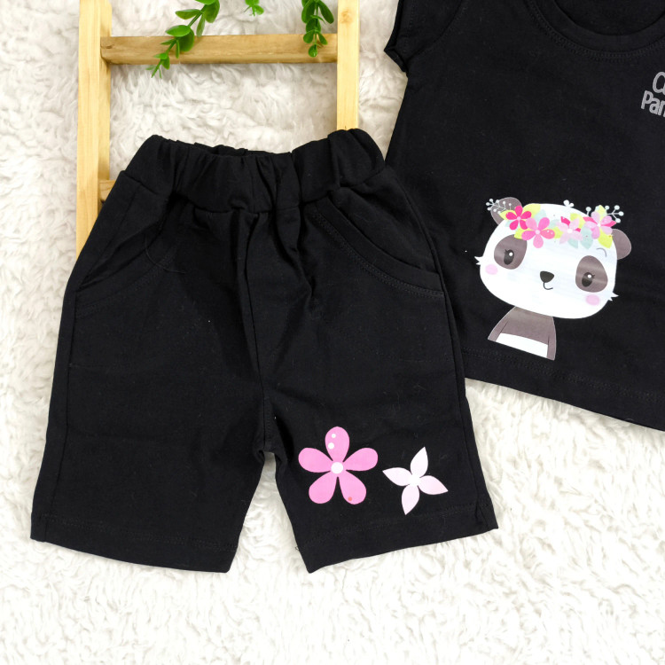 تاپ شلوارک مشکی طرح پاندا دخترانه نخی خنک تابستانی مناسب 1 تا 3 سال