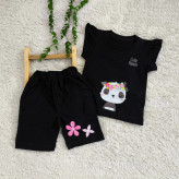 تاپ شلوارک مشکی طرح پاندا دخترانه نخی خنک تابستانی مناسب 1 تا 3 سال