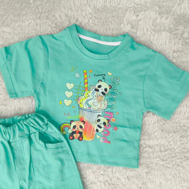 تیشرت و شورتک طرح پاندا دخترانه پنبه سوپر مناسب 1 تا 3 سال