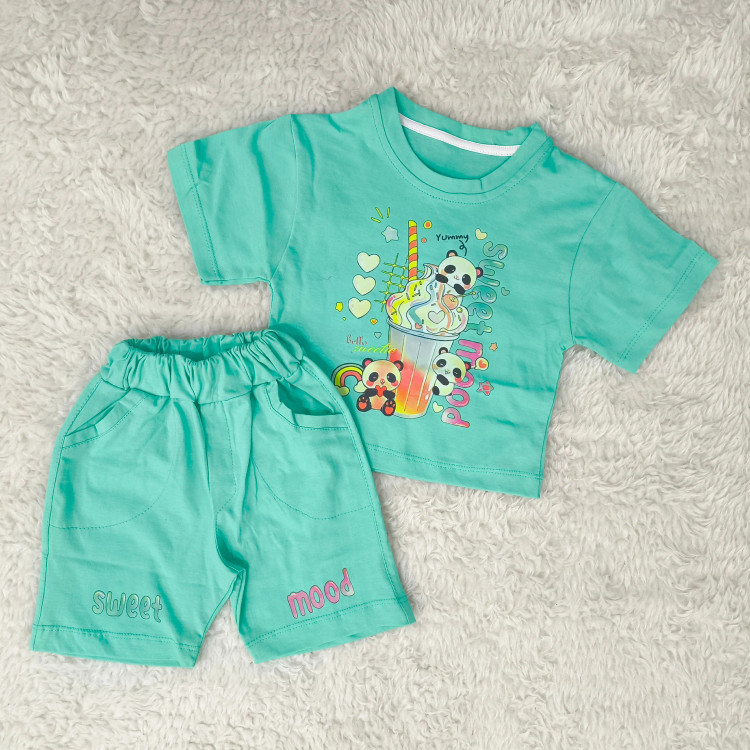 تیشرت و شورتک طرح پاندا دخترانه پنبه سوپر مناسب 1 تا 3 سال