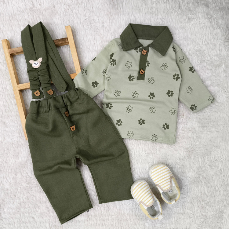 بلوز شلوار مجلسی پسرانه طرح پنجه و خرس | مناسب نوزاد تا 3.5 سال