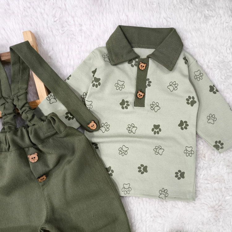 بلوز شلوار مجلسی پسرانه طرح پنجه و خرس | مناسب نوزاد تا 3.5 سال