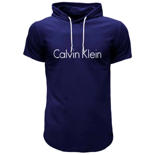 تیشرت کلاه دار مردانه طرح دار آستین کوتاه سرمه ای نخی