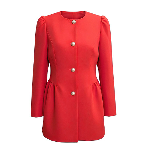 مانتو کرپ کجراه زنانه مدل یقه گرد آستین پفی رنگ هندوانه ای چهار فصل