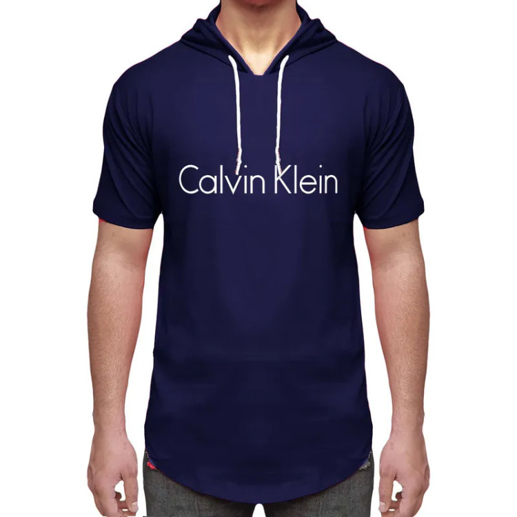 تیشرت کلاه دار مردانه طرح دار آستین کوتاه سرمه ای نخی