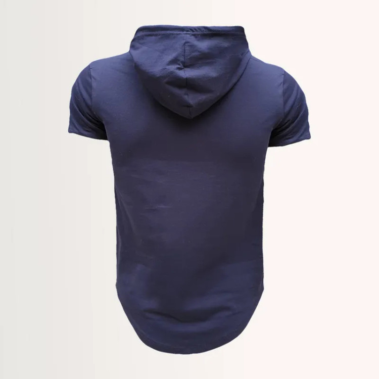 تیشرت کلاه دار مردانه طرح دار آستین کوتاه سرمه ای نخی