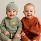 ست بلوز شلوار و کلاه نوزادی طرح Good Morning جنس پنبه بیسکوئیتی با کیفیت