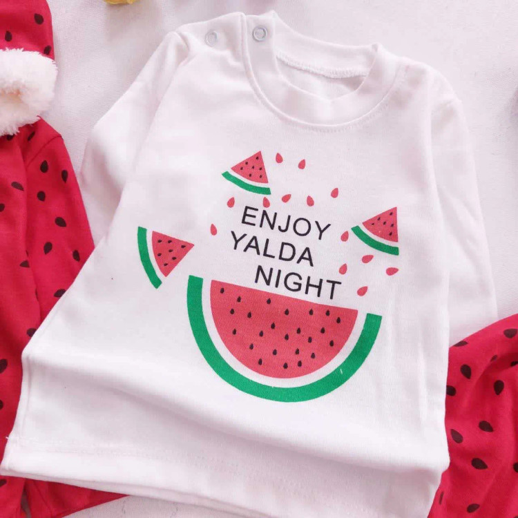 ست سه تیکه سوییشرت و تیشرت و شلوار طرح یلدا هندوانه ای نوزادی دخترانه پسرانه