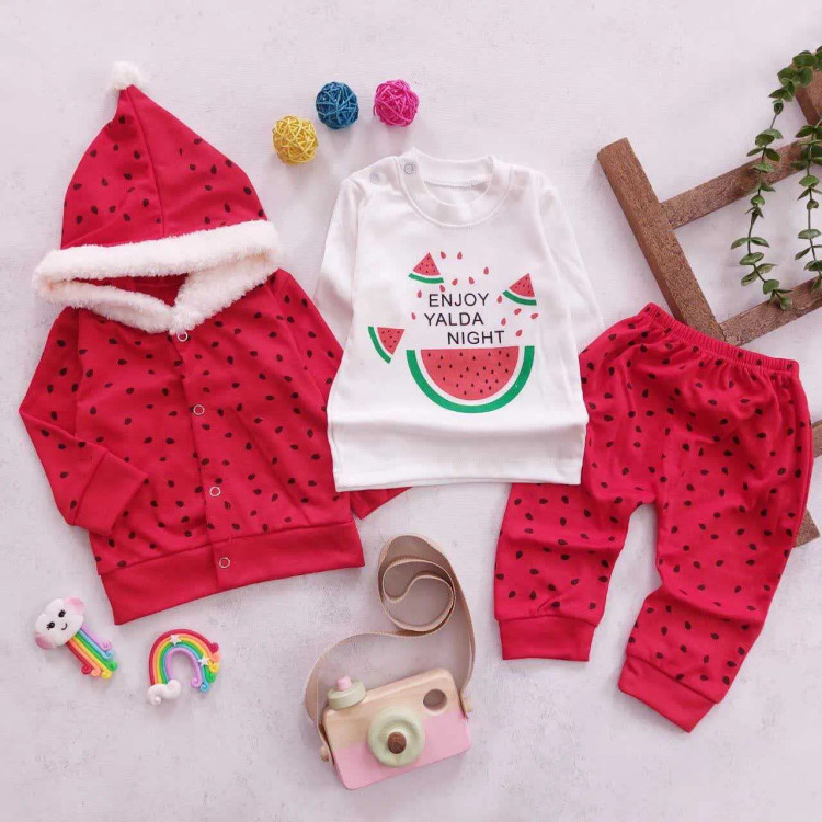 ست سه تیکه سوییشرت و تیشرت و شلوار طرح یلدا هندوانه ای نوزادی دخترانه پسرانه