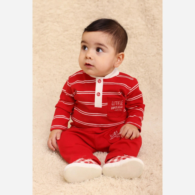 بلوز شلوار پسرانه طرح دار نخی یلدایی مناسب 3 ماه تا 3 سال