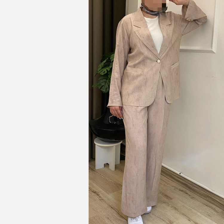 کت و شلوار شانتون گازوئیلی کرم زنانه شیک آستردار سایز 38 تا 42