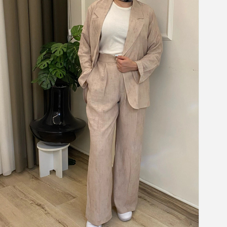 کت و شلوار شانتون گازوئیلی کرم زنانه شیک آستردار سایز 38 تا 42