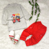 بلوز شلوار پسرانه طرح خرس راننده آستین بلند پنبه ای نخی مناسب 6 ماه تا 2 سال