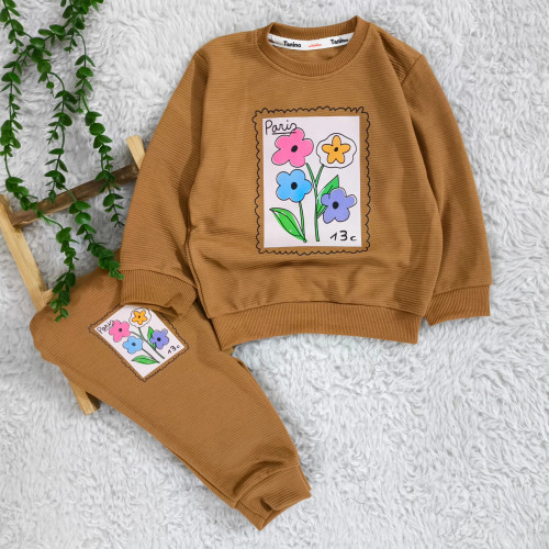 بلوز شلوار دخترانه طرح گل پاریس جنس پنبه نرم و لطیف مناسب 2 تا 4 سال