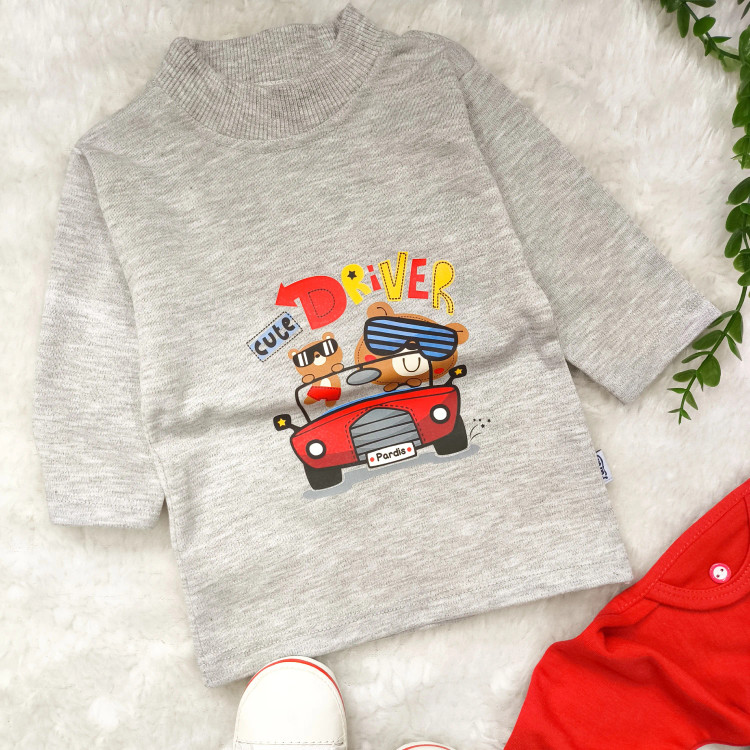 بلوز شلوار پسرانه طرح خرس راننده آستین بلند پنبه ای نخی مناسب 6 ماه تا 2 سال