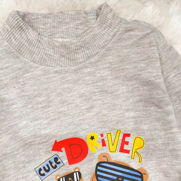 بلوز شلوار پسرانه طرح خرس راننده آستین بلند پنبه ای نخی مناسب 6 ماه تا 2 سال