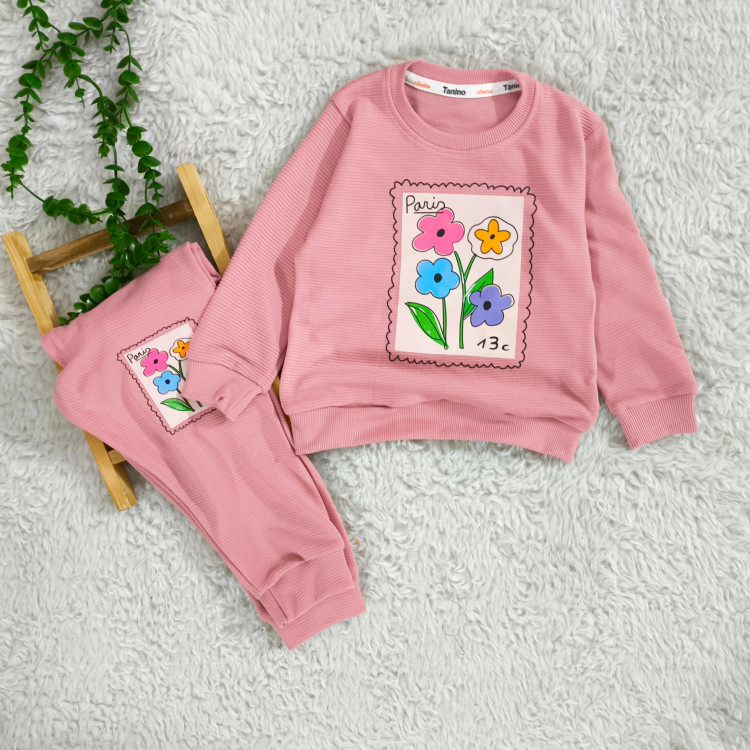 بلوز شلوار دخترانه طرح گل پاریس جنس پنبه نرم و لطیف مناسب 2 تا 4 سال