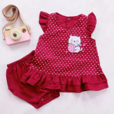 ست سارافون و شورت دخترانه طرح گربه خالدار نخی خنک