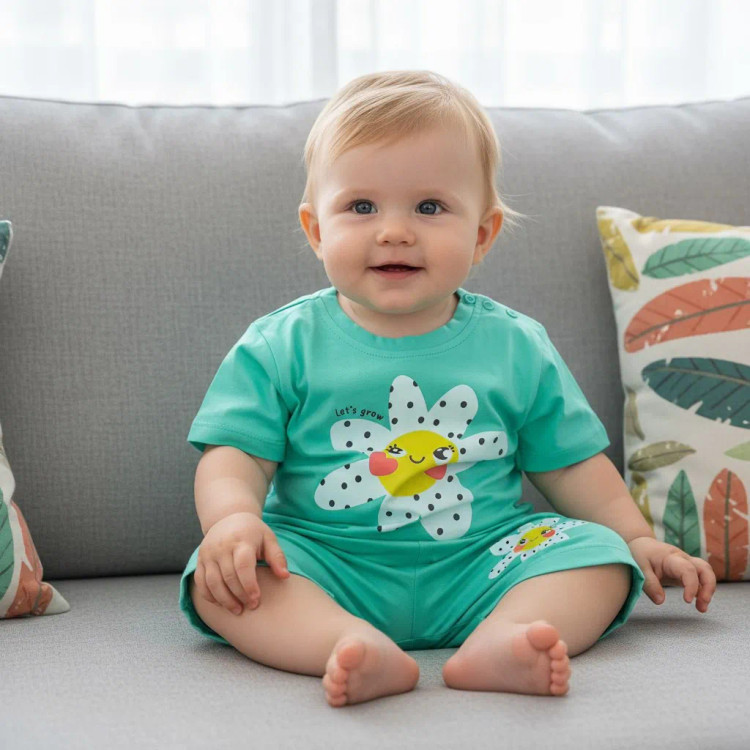 ست تیشرت و شورتک نخی طرح بابونه دخترانه و پسرانه خندان