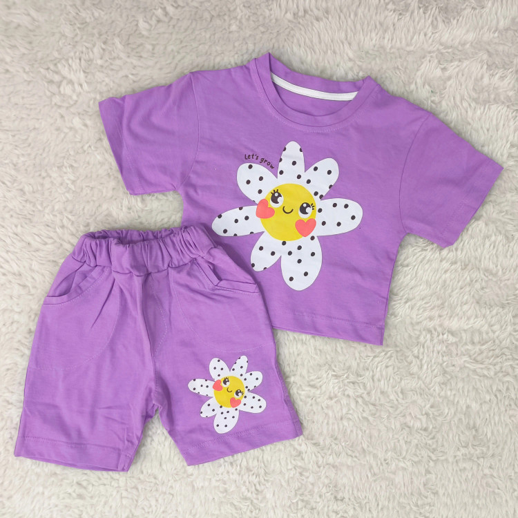 ست تیشرت و شورتک نخی طرح بابونه دخترانه و پسرانه خندان