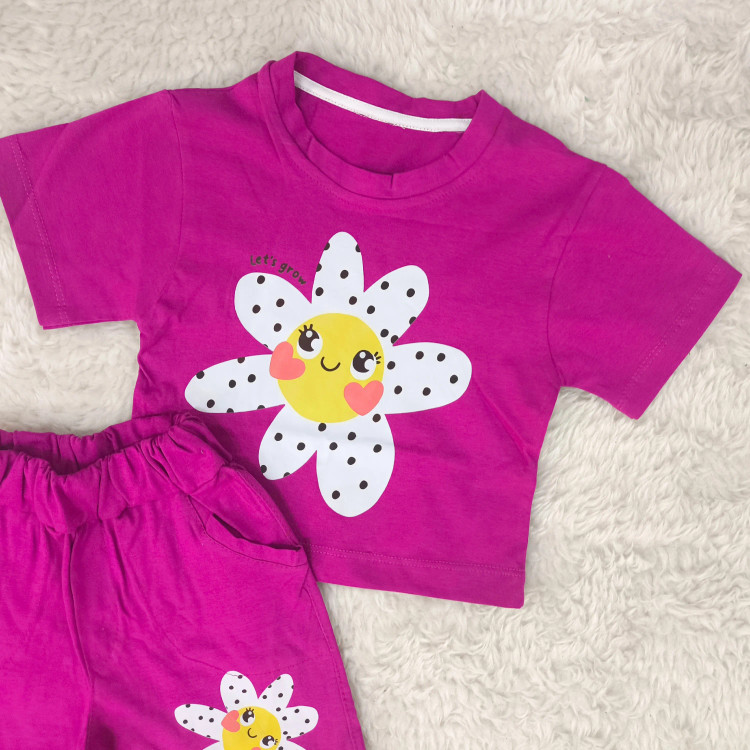 ست تیشرت و شورتک نخی طرح بابونه دخترانه و پسرانه خندان