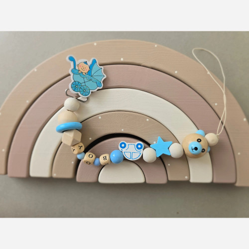 بند پستانک چوبی طرح خرس و ماشین | نگهدارنده پستانک نوزاد | دستساز