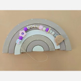 گیره پستونک رنگین کمانی چوبی و سیلیکونی نوزاد با مهره اسم دلخواه و عروسک خرگوشی | مناسب سیسمونی و هدیه کودک