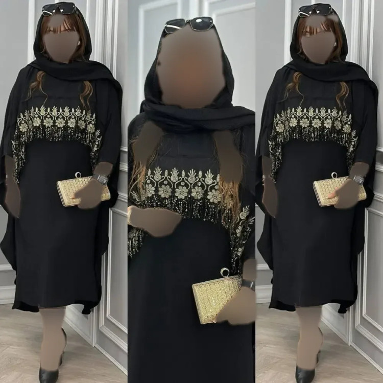 مانتو مدل نجلا ابر و بادی فری سایز مشکی خرج کار طلایی و مشکی قد 110