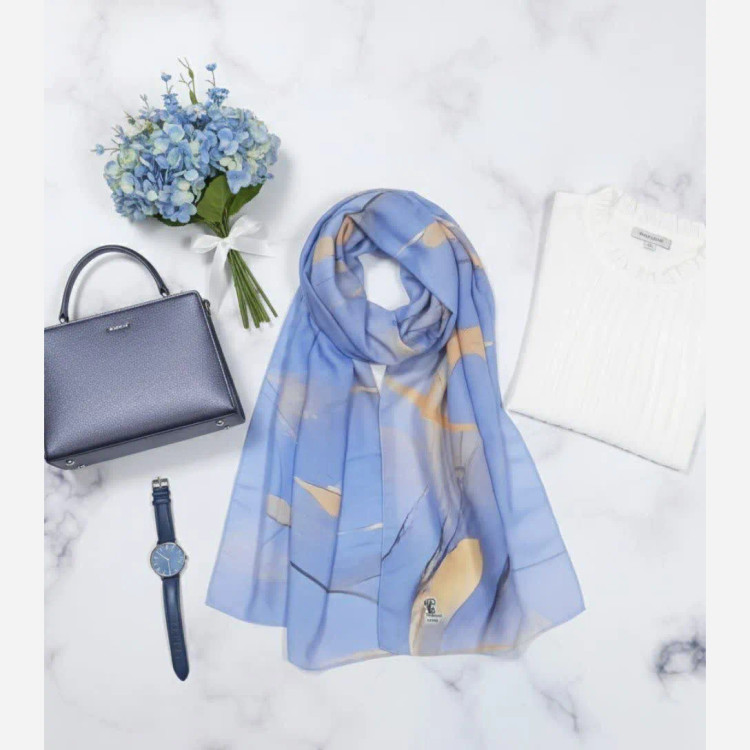 شال زنانه طرح آبرنگی آبی جنس نخ کاستوم سایز 70x200 سانتی متر