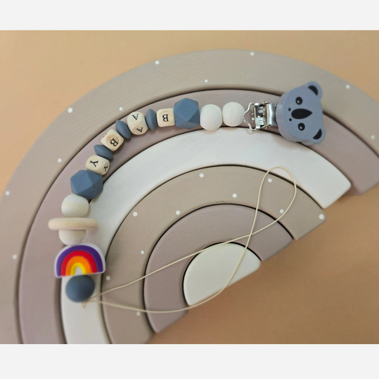 گیره پستونک چوبی و سیلیکونی طرح رنگین کمان و خرس برای نوزادان | بند آویز دندانگیر کودک